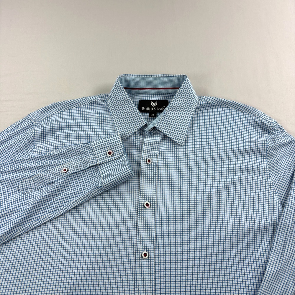 Butter Cloth Shirt Mens Medium Blue Plaid Button Up Cotton Stretch Casual Formal